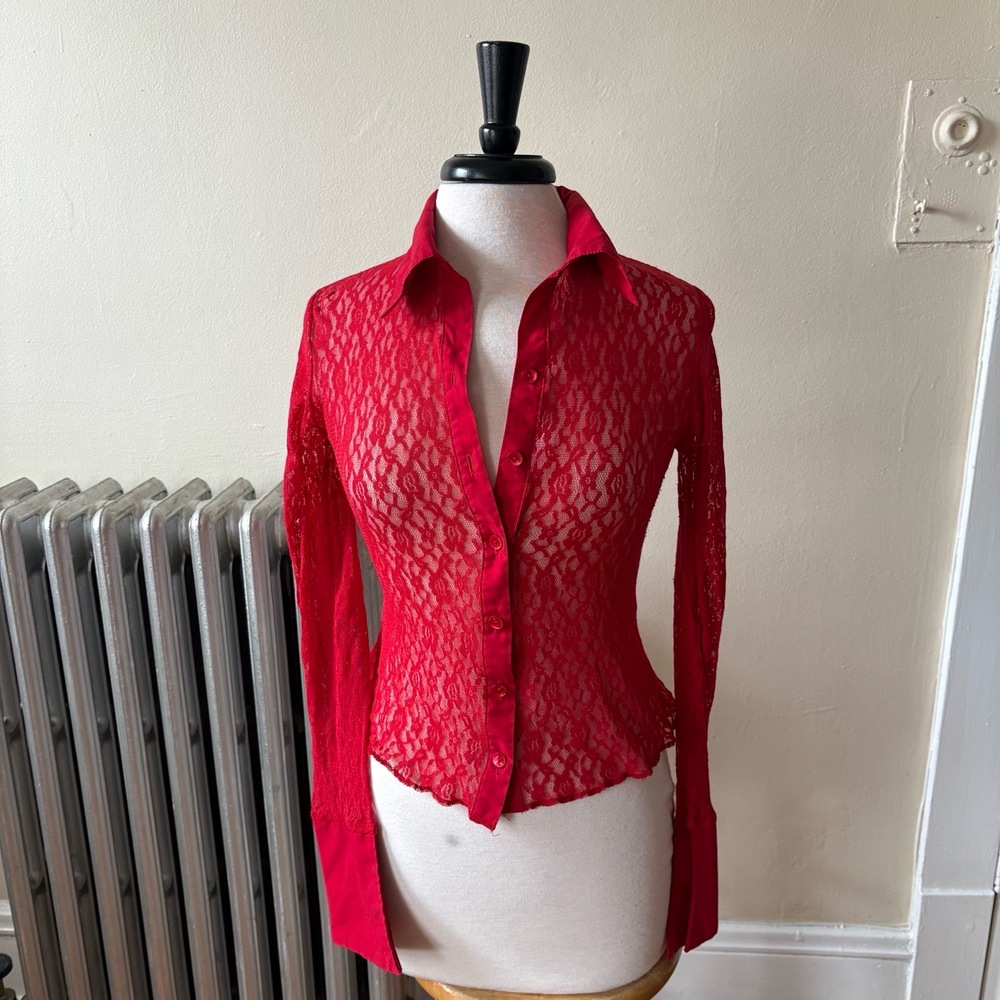 Y2K Zoey Beth Red Lace Sheer Long Sleeve Collared Top Small